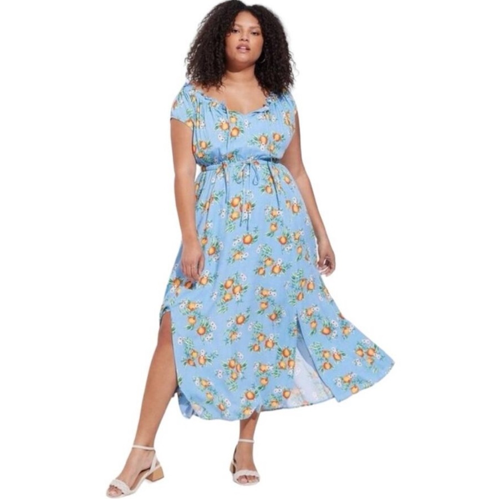 Torrid Maxi Dress Textured Woven Blue Orange Groves Split Size 1X 18-10‎ Pockets